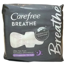 Carefree Breathe Ultra Thin Pads Irritation Free Protection Overnight 12 Ct NEW