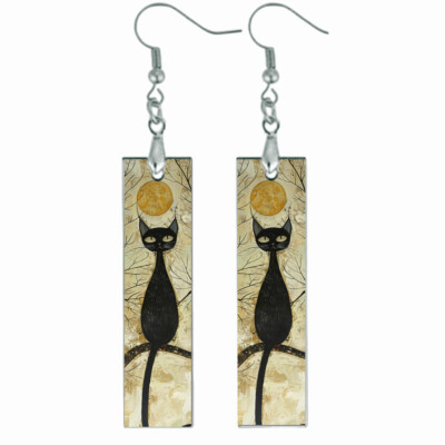 Black Cat by Moonlight Bar Earrings NO TARNISHING Dangle Graphic Art Print
