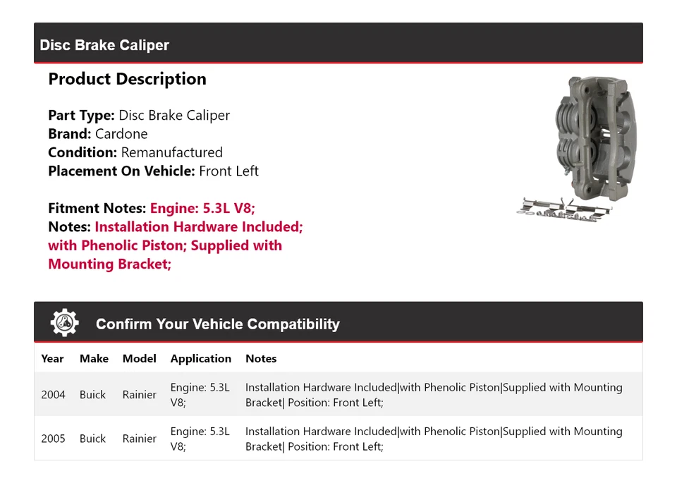 适用于 2004 - 2005 年别克 Rainier 5.3L V8 盘式制动卡钳前左 Cardone — 第 2/4 张图片