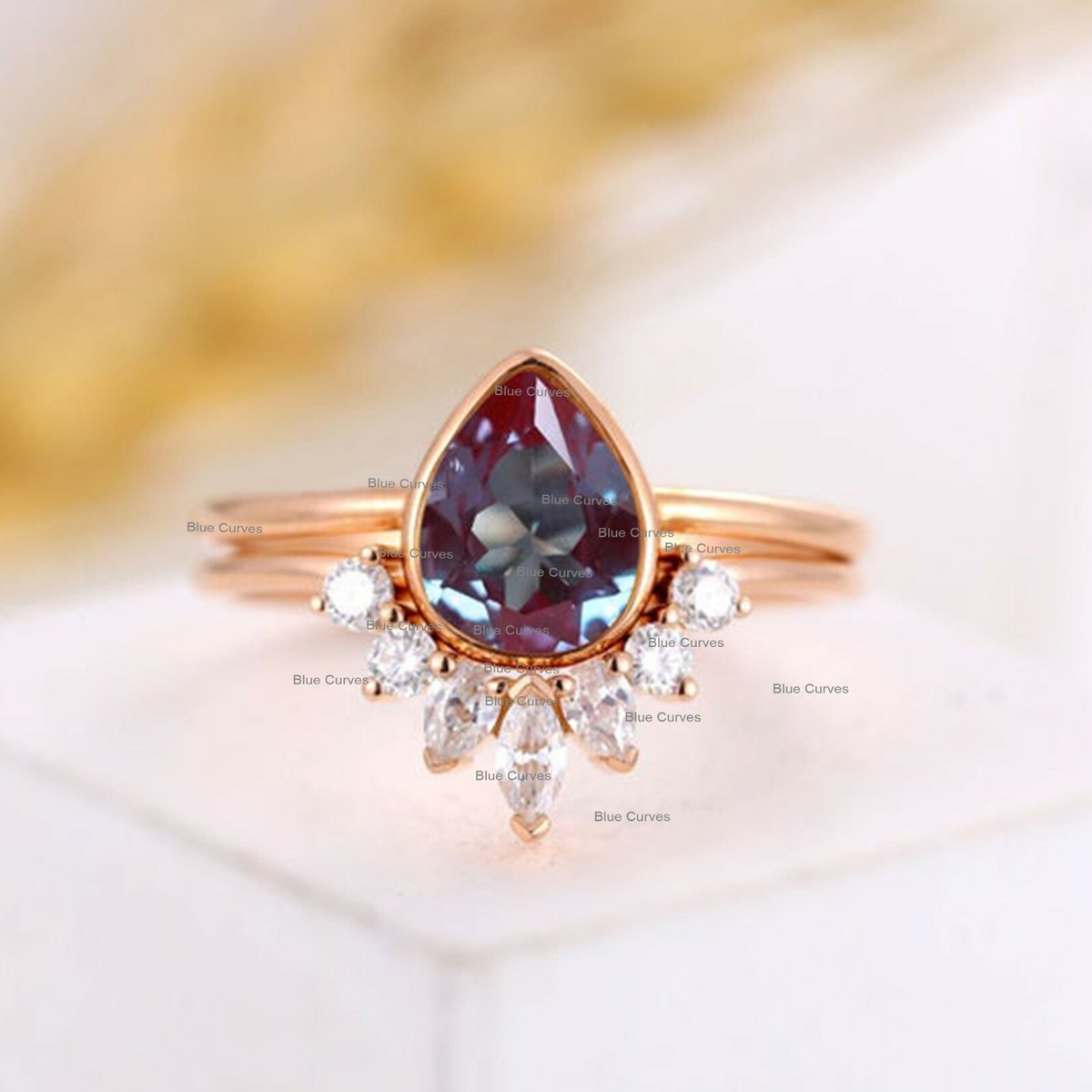 Alexandrite Gemstone Ring Set Diamond Solid 14k Rose Gold Handmade
