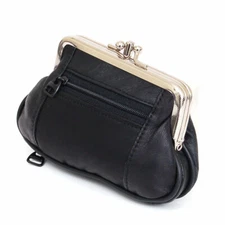 Black Woman's Leather Dual Compartments coin large purse Zip holder