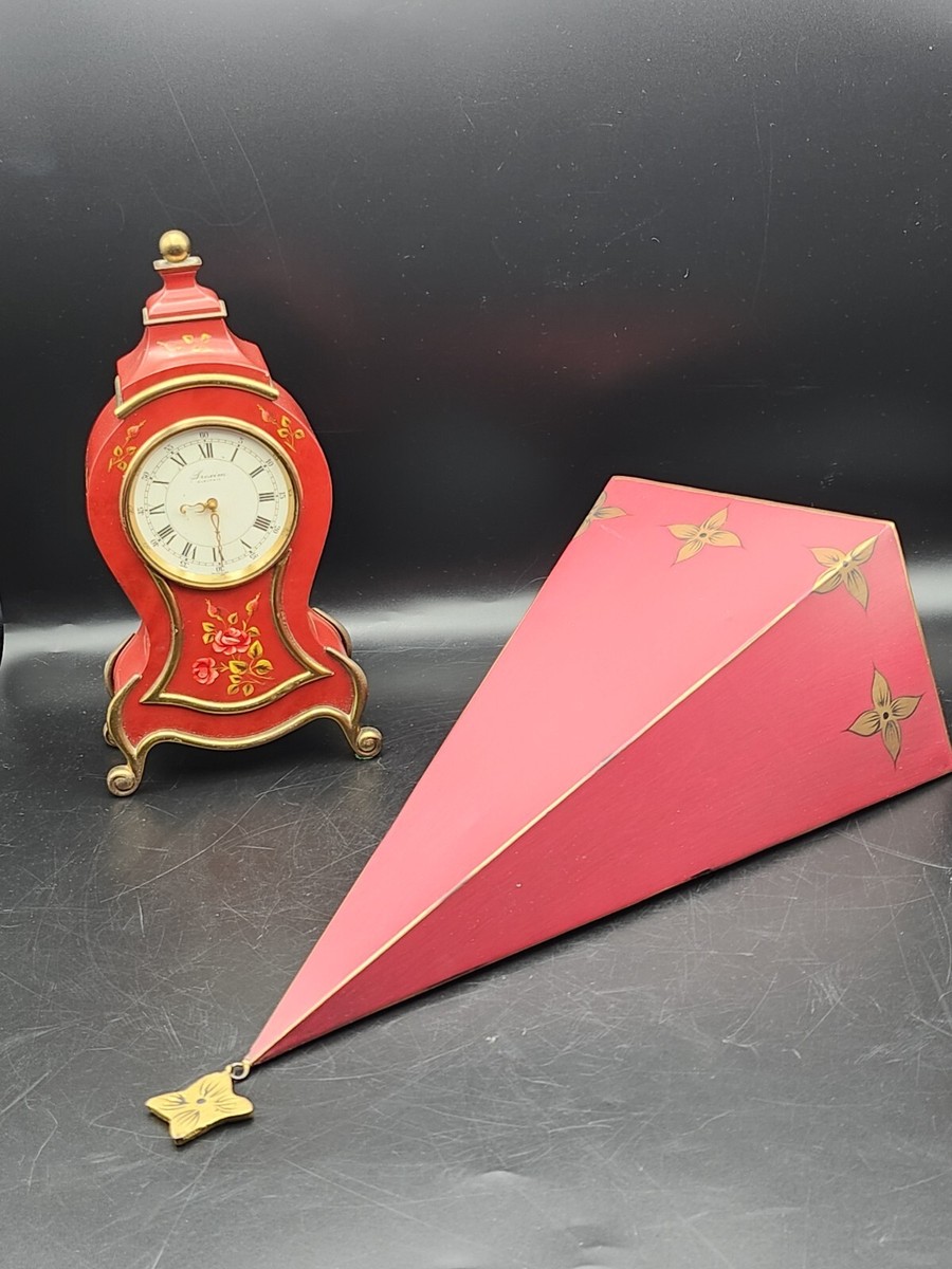 Vtg Swiss Prexim Red Hand Painted Mantel/Table Clock With Shelf