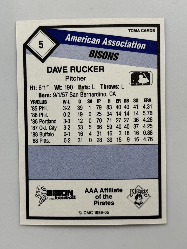 1989 CMC Minor League #5 Dave Rucker Buffalo Bisons & Pittsburgh Pirates Card - Image 2 of 2