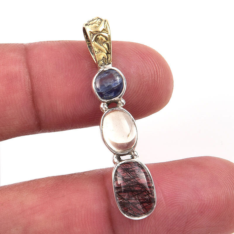 Natural Black Rutile and Citrine Sterling Silver Gift Pendant 1.50 Inches