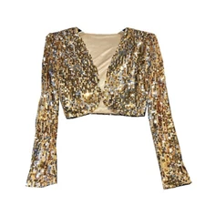 Women Sequin Crop Jacket Cardigan Long Sleeve Shirt Top Stage Dance Costume