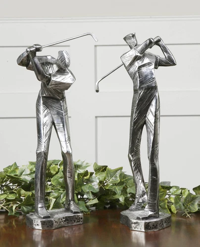 PAIR INDUSTRIAL STYLE GOLF PRACTICE SHOT FIGURINE STATUES  15" & 16" TALL 19675 - Picture 1 of 3