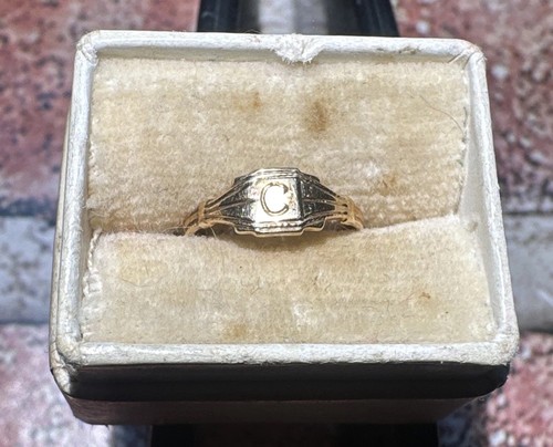 Mid Century 1950s Tiny Baby Child Ring 10K Yellow Gold Engraved C Monogram