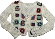 Debut Granny Square Cardigan Womens Medium White Colorful Boho Cropped Crochet