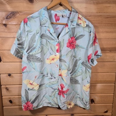 Linden Hill Silk Blouse XL Green Button Up Short Sleeve Floral Tropical Resort