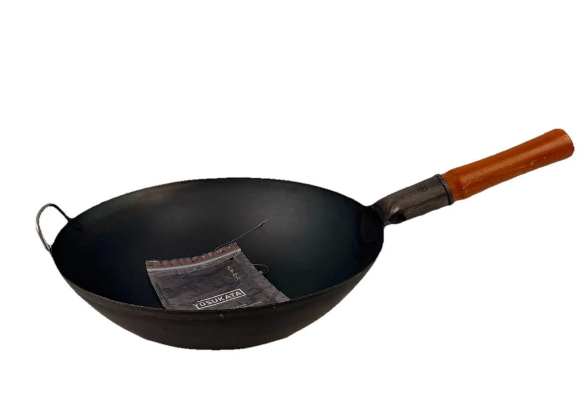 YOSUKATA Black Carbon Steel Wok Flat Bottom Pan Pre-Seasoned 13.5"/34cm | New