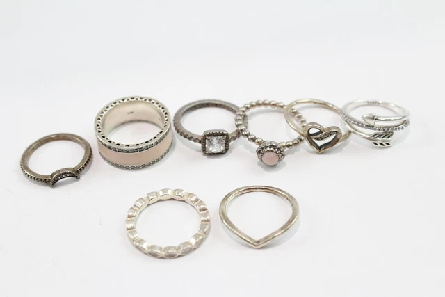 10 Pandora Sterling Silver Rings Birthstone Stone Set Heart Enamel x 8 (20g)