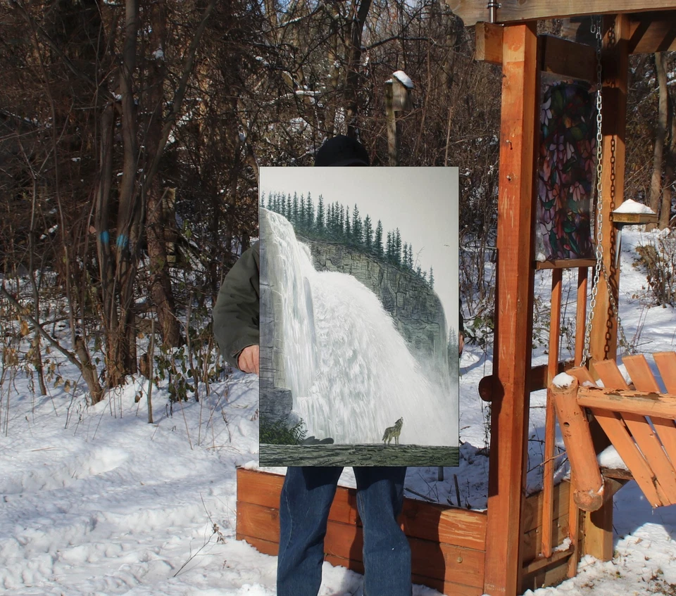 FRASA PINTURA ORIGINAL LOBO CANADÁ PAISAJE CASCADAS ARTE Pato Estampilla Artista Foto 2 de 2