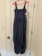 Free People Movement Skyline Jumpsuit S Blue Wide Leg Cinch Hem NWT 128 MSRP
