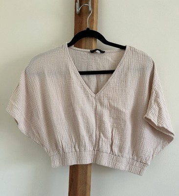 Final Touch Women's Beige Cropped V-Neck Dolman Sleeve Blouse Size L