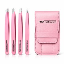 4pc Professional Tweezers Set Stainless Steel Slant Point With Case