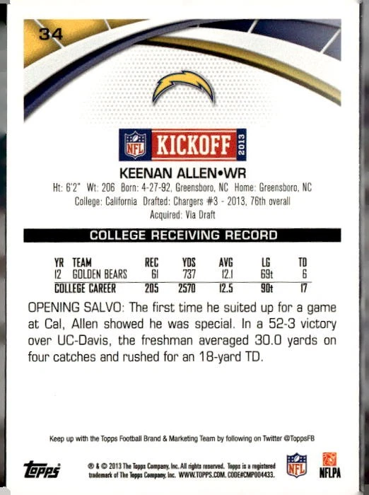 2013 Topps Kickoff #34 Keenan Allen - Image 2 of 2