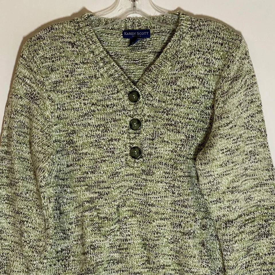 Suéter Karen Scott Feminino Pequeno Grande Verde Marled Decote V Pulôver com 3 Botões - Imagem 2 de 4