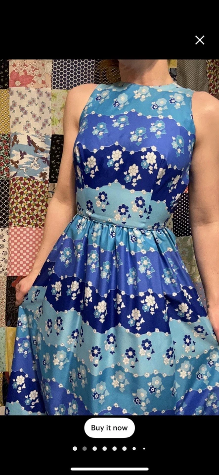 Винтажный 60-х психоделический макси синий цветочный богемный мод оп-арт официальный сарафан XS-POCKETS! - Изображение 2 из 4