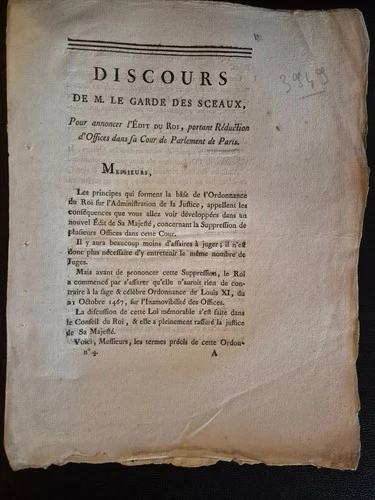 Imprimé 18e Édit du Roi Réduction Offices Parlement de Paris Garde des Sceaux