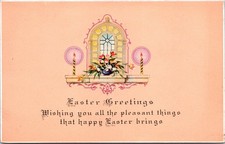 Easter Greetings Postcard Window Tulips Candles Floral Made in USA