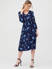 V by Very V Neck Dress Floral Holiday Navy Blue Size 18 Belted Long Puff Sleeve