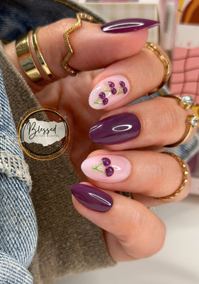 Red Aspen Press On Nails-Sweet & Sour, Shia- Medium Almond- 3D Purple Cherry