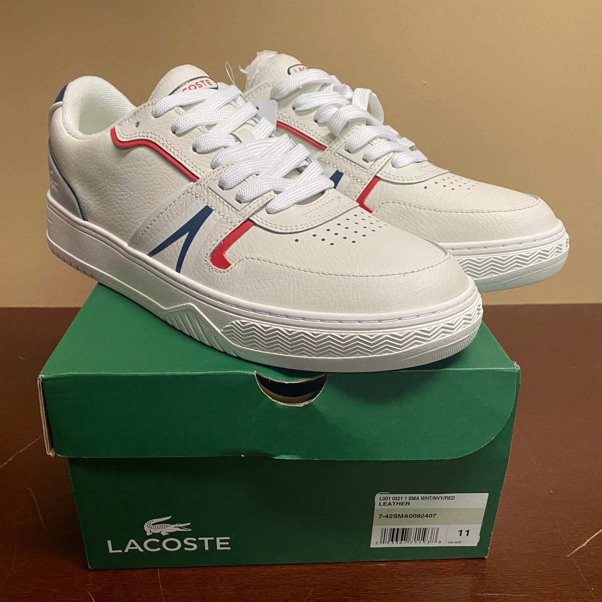 Lacoste Mens White L001 Leather Lace Up Athletic Training Shoes