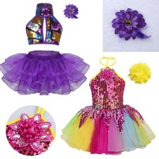 Girl Tutu Skirts Halter Shiny Sequin Flower Hair Clip Jazz Ballet Dance Dress