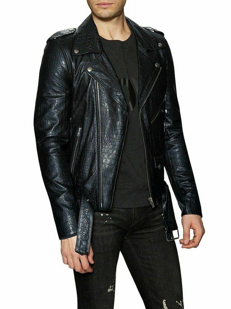 Men's Biker Leather Jacket with Crocodile Print Design