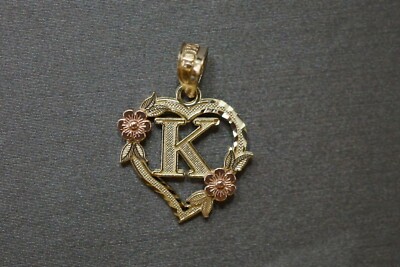 10K Solid Yellow Gold 0.75'' Diamond Cut Initial Heart With Rose Charm Pendant.