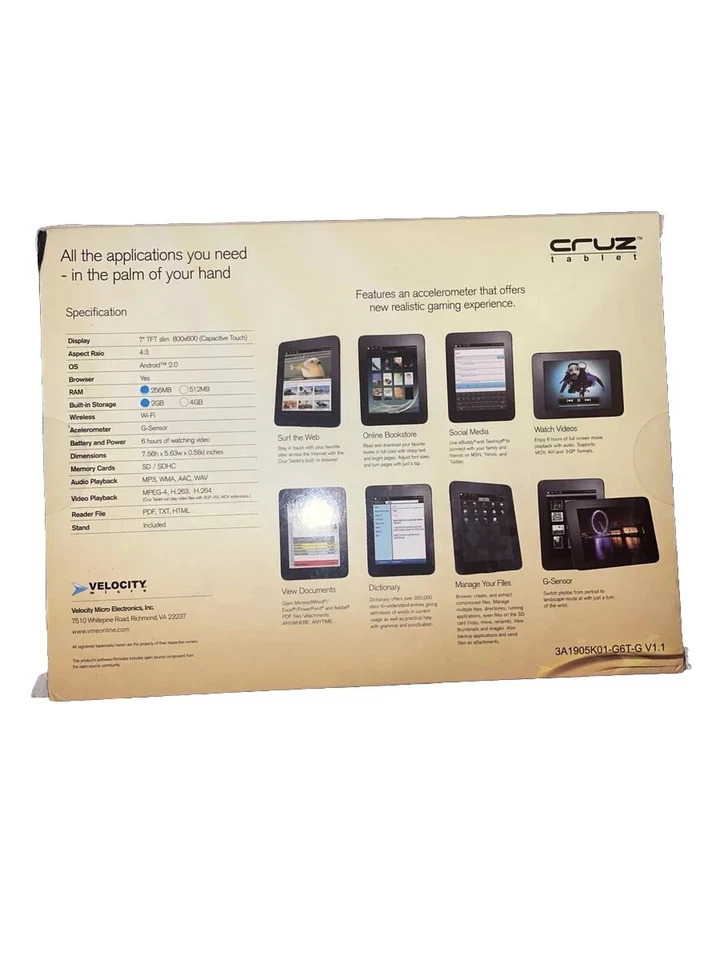Velocity Micro T301 Cruz 7-Inch Android 2.0 Tablet (Black) Brand New Sealed - Image 2 of 4