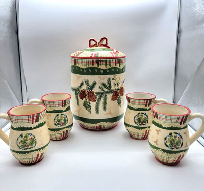Harry and David Pine Cone Plaid Cookie Jar and 4 Mugs/Cups