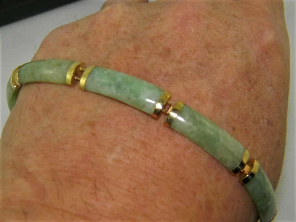 Pulsera vintage de oro amarillo de 14K de 7" con eslabones de jadeíta Birmania verde claro natural Foto 3 de 4