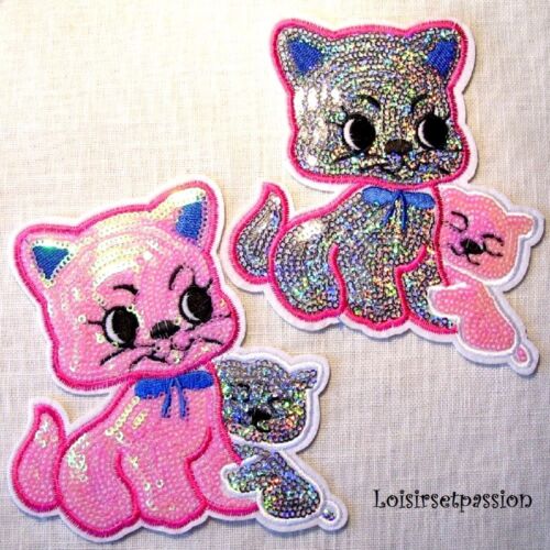 SEQUIN APPLIQUE PATCH BADGE Heat Sticker - Cat and Kitten **12 x 12 cm** - Picture 1 of 3