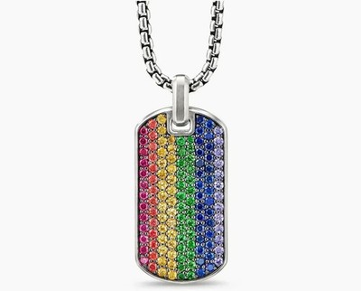 2Ct Round Created Diamond Dog-Tag Rainbow Men's Pendant Necklace 18'' 925 Silver