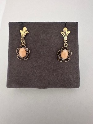 Nachlass 14K Gelbgold Koralle filigran Ohrhänger/Tropfen Ohrstecker