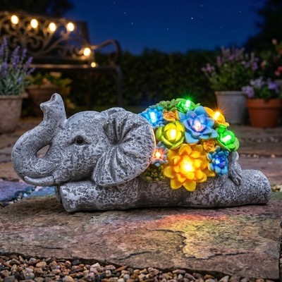 GARTEN ELEFANT STATUE SOLAR ORNAMENT KUNSTHARZ GARTENDEKO 23 CM BALKON OUTDOOR