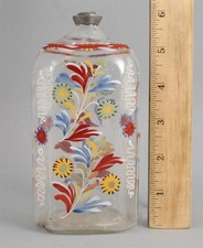 RARE Antique 18thC Hand Painted 5-Color Enameled STIEGEL Hand Blown Glass Bottle