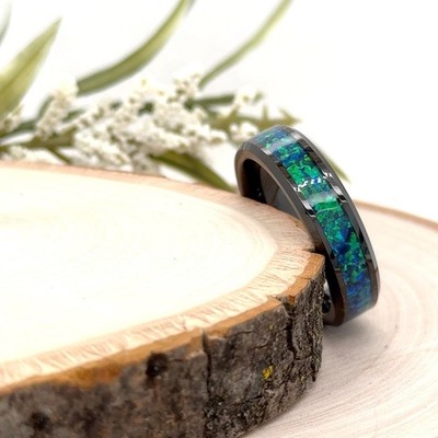 6mm Black Tungsten Ring For Christmas Gifts Blue Opal Inlay Scratch-Proof Band