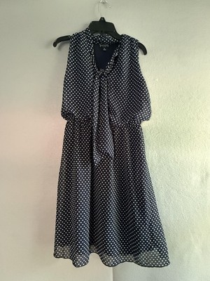 En Focus Studio Dress Womens 4 Blue Polka Dot Chiffon Fit & Flare Bow Neck