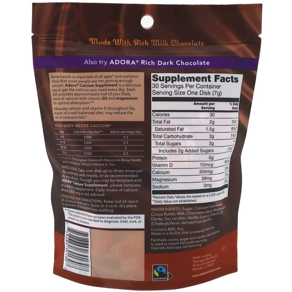 Добавка кальция Adora — сделано с молочным шоколадом — 500 мг (30 штук) - Изображение 2 из 2