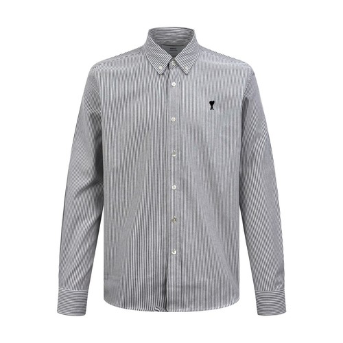 Ami Paris Heart Logo Shirt Men Striped Button Up Long Sleeve Casual Size 40