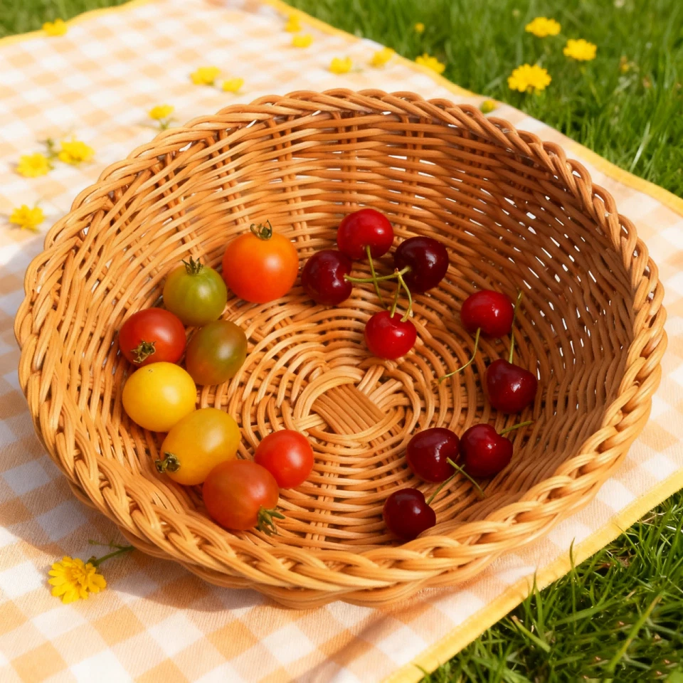 Cesta de pan trenzada redonda mesa tejida frutas verduras bandeja para servir cesta Foto 3 de 4