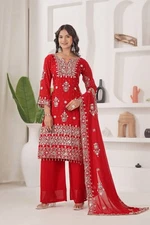 Launching New Red Faux Georgette Kurta Palazzo With Dupatta For Wedding Wear