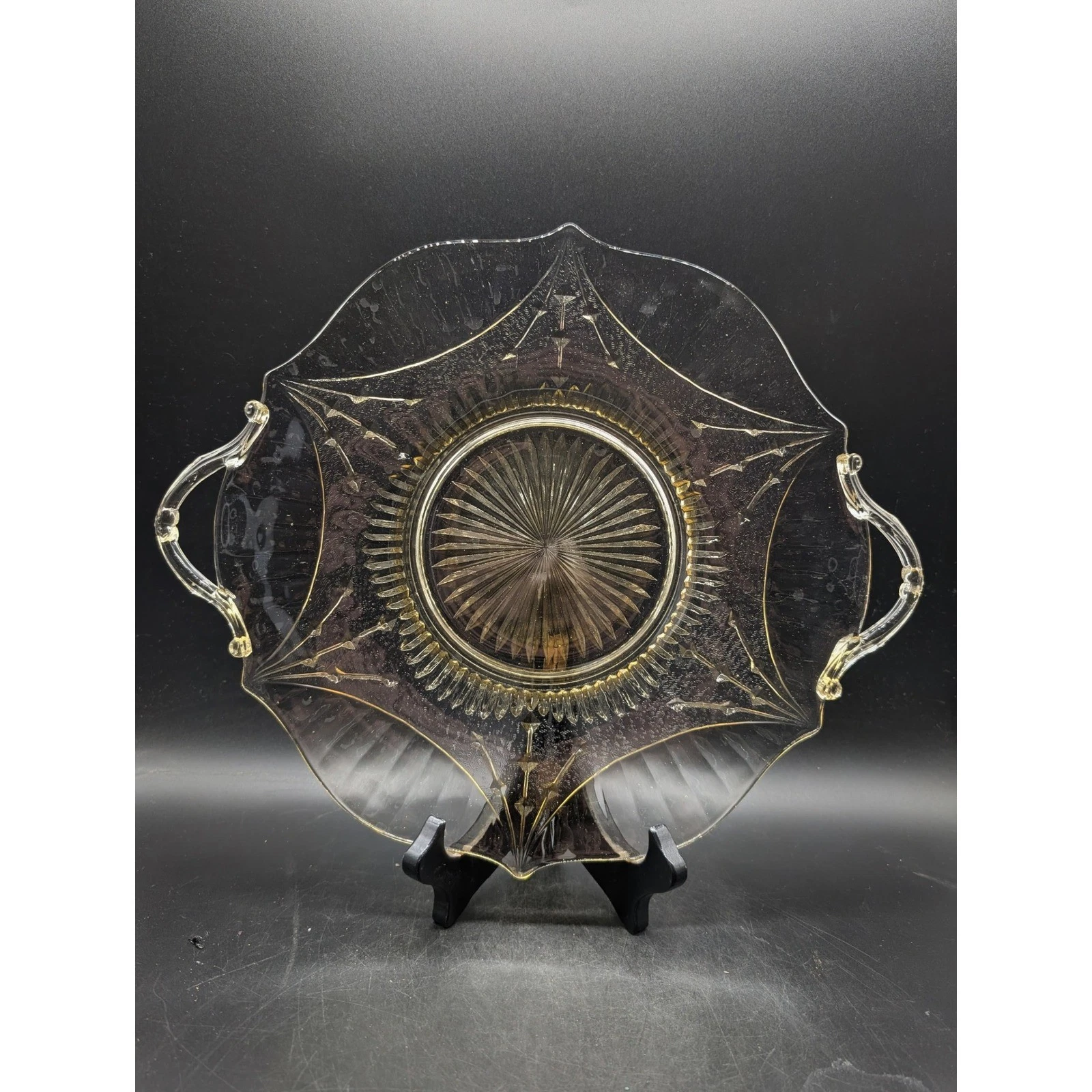Lancaster Glass Company Sandwich Dart Tray Sunburst Art Deco Double Handle 12.5"