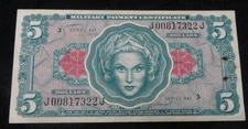 Series 641 Military Payment Certificate 5 Dollars *$5* Burn holed 7322