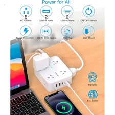 Compact Surge Protector with 8 AC Outlets, 4 USB Ports  Flat Plug Design