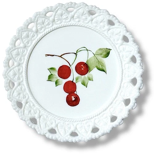 Vintage Milk Glass Plate Hand Painted Cherries Lace Edge Collectible Home Decor