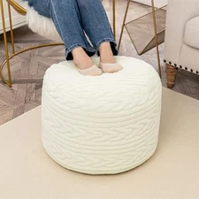 Round Pouf Ottoman 20 x 20 x 14 Inches Boho Poof Home Decor Floor Cream White