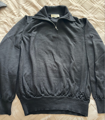 John W Nordstrom Men M Black 100% Extrafine Merino Wool Long Sleeve Polo Sweater